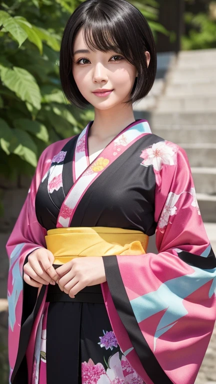 Drawing a beautiful AI girl wearing a gorgeously designed Japanese kimono。She has short black hair、She has a sexy, mature and attractive vibe.、Have golden ratio facial features。Her short hair flows naturally in the wind.。Draw the whole body。Ultra-realistic。