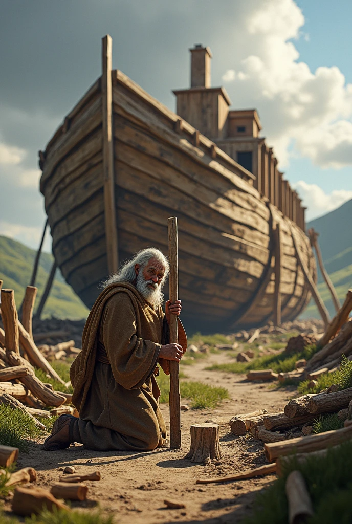#realistic Noah building the ark: Show Noah working on a large wooden ark, with tools and pieces of wood around.