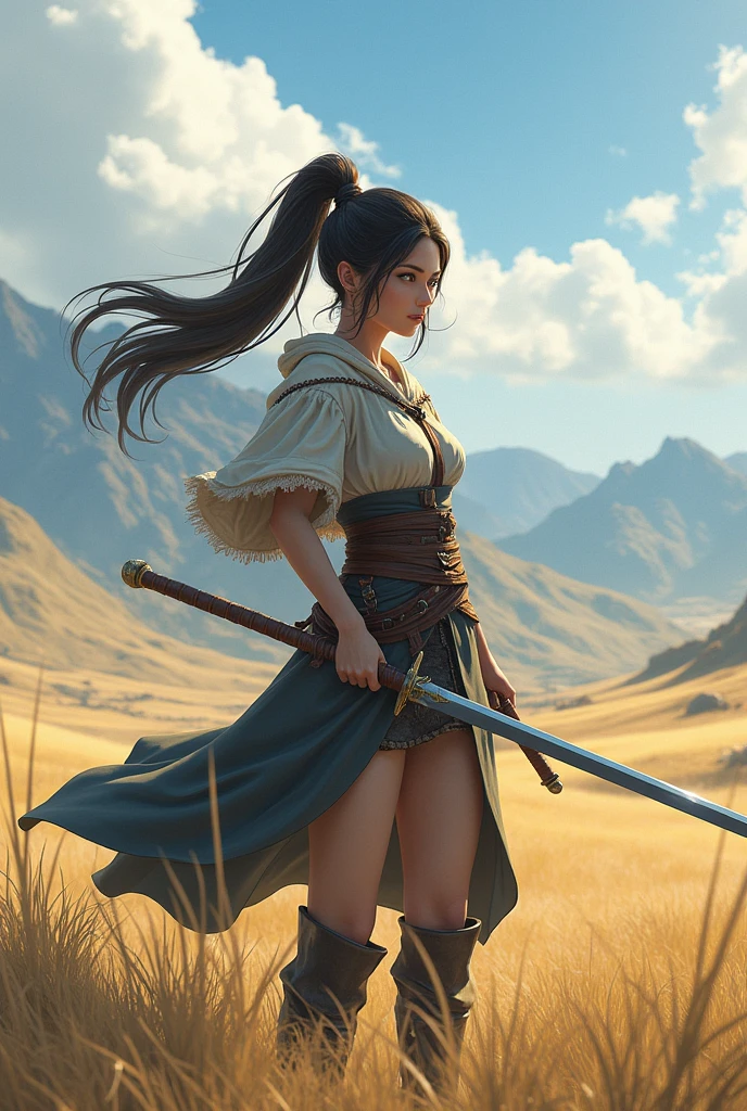 A girl with a ponytail holding a long sword