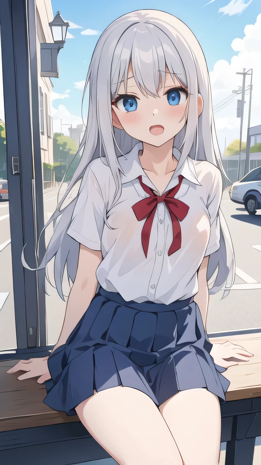 cute girl, アニメ, silver hair, straight hair, Blue eyes, outdoor, cowboy shot, (orgasm:1.2), (young:1.4), dark blue skirt, white camisole, small bust, school uniform