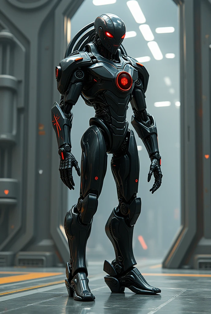 "Create an image of a humanoid alien robot with futuristic details, with a black silver metallic body that transforms into a sleek black ship with a thick red Maltese star on its side."