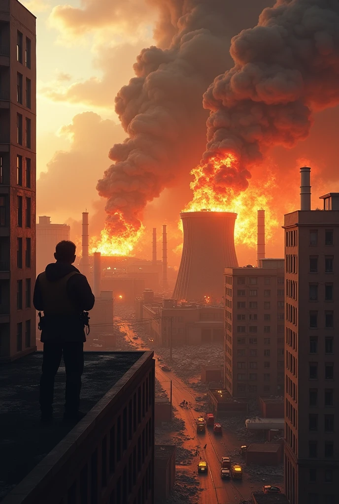 Fire at a power plant, view from a multi-story building