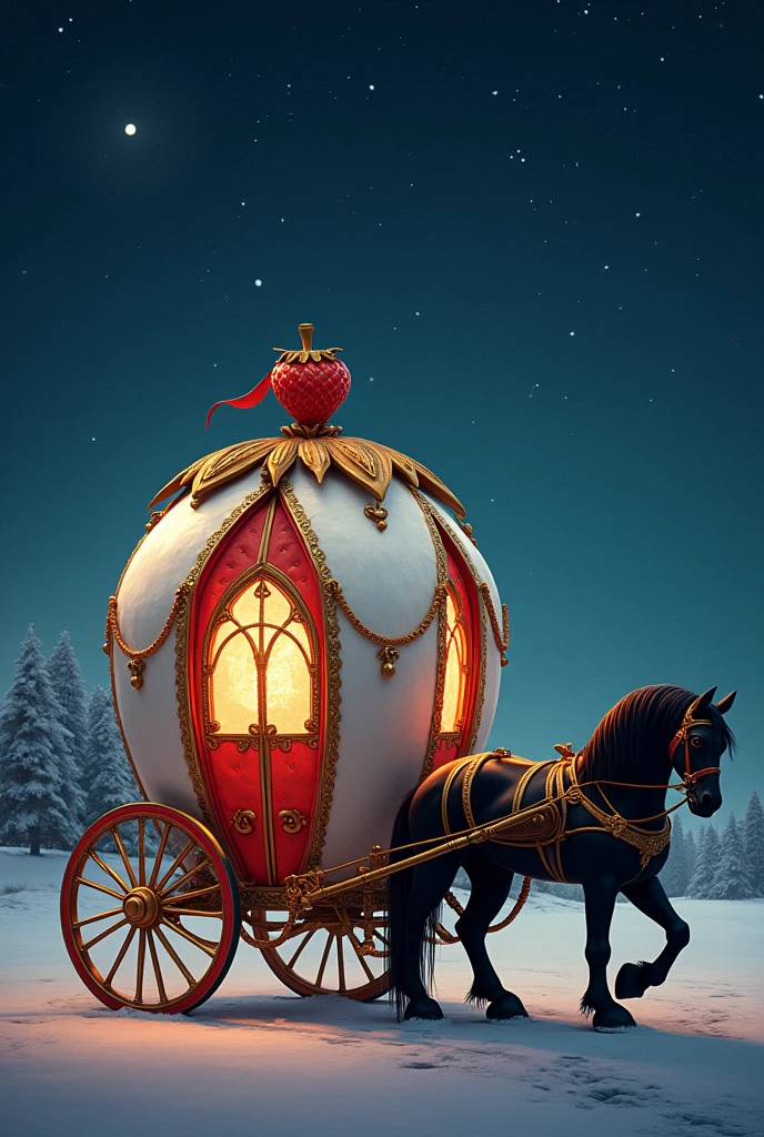 A more elegant medieval carriage in the shape of a strawberry plus the carriage color is white with red and gold detailing pulled by a black horse. Ao fundo, a clear night sky with stars shining brightly, creating a magical atmosphere.