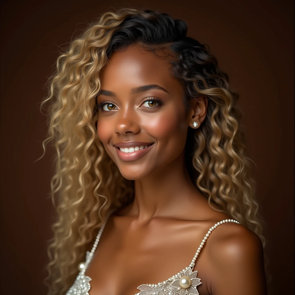 She Smile, Toffee color skin, beautiful toffee mixed woman with long blond curly and extremely detailled clear yellow eyes, extremely face detailed, she wears beautiful she does a magnificent photo shoot ,she has a beautiful top made of white pearl, top made of pearls, she is beautiful, Chocolate brown background, She wears beautiful pearls in her hair