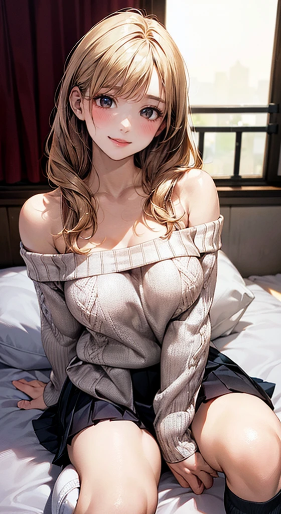 (masterpiece:1.2, Highest quality), (Realistic, photoRealistic:1.4), Beautiful illustrations, (Natural Side Lighting, Cinema Lighting), 
View your viewers, whole body, 1 person, Japanese, high school girl, Perfect Face, Cute and symmetrical face, Glowing Skin, Baby Face, 
(Mid-length hair, One-sided tail:1.2, Light blonde hair), Braided bangs, Asymmetrical bangs, Heart Eyes, (Middle chest, Captivating thighs, Big Ass), Beautiful Hair, Beautiful Face, Beautiful attention to detail, Beautiful clavicle, Beautiful body, Beautiful breasts, Beautiful thighs, Beautiful feet, Beautiful fingers, 
((abdomen, Long sleeve, Off-the-shoulder sweater, Pleated mini skirt, Knee socks)), Sheer white panties, 
(Beautiful views), evening, Modern Room, Sitting bed, Spread your legs, (Cute smile, Upward glance),Erect nipples、Fatty face、Ahegao、Begging for insertion
