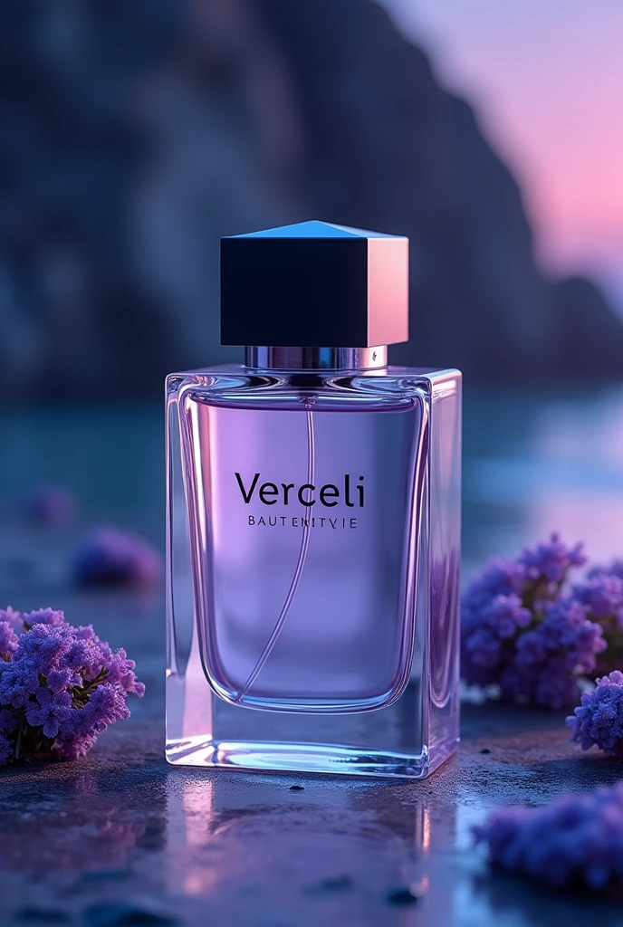 Perfume bottle with the name VERCCELI in a different bottle of light color and elegant purple and black blue logo