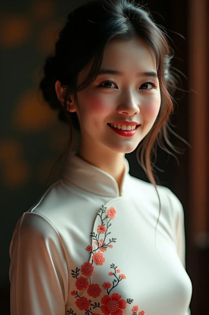 1girl, aodai white, photo art, (flower), a stunning photo with beautiful saturation, ultra high res,(realistic:1.4)),deep shadow,(best quality, masterpiece), pale skin, dimly lit, shade, flustered, blush, highly detailed, skinny, BREAK depth of field, film grain, wrinkled skin, looking at viewer, knee, warm smile, (upper body), masterpiece,ultra realistic,32k,extremely detailed CG unity 8k wallpaper, best quality