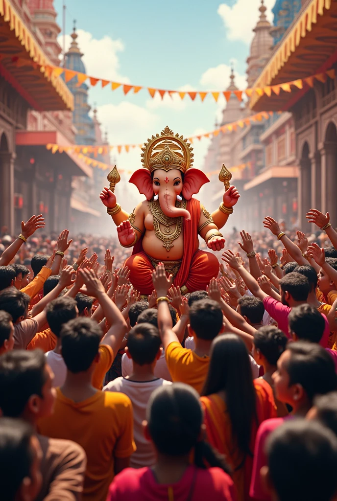 Ganesh utsav people welcoming lord Ganesh on left and right hand side
