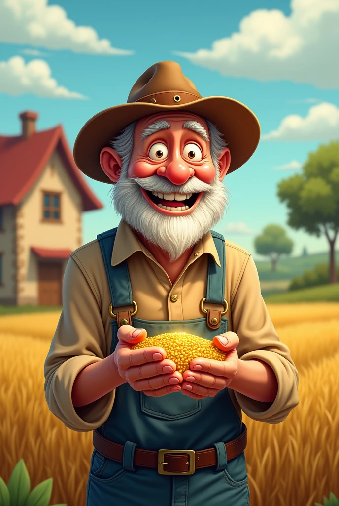 Old Farmer he find some small size golden seed show his imagination he will be now rich cartoon