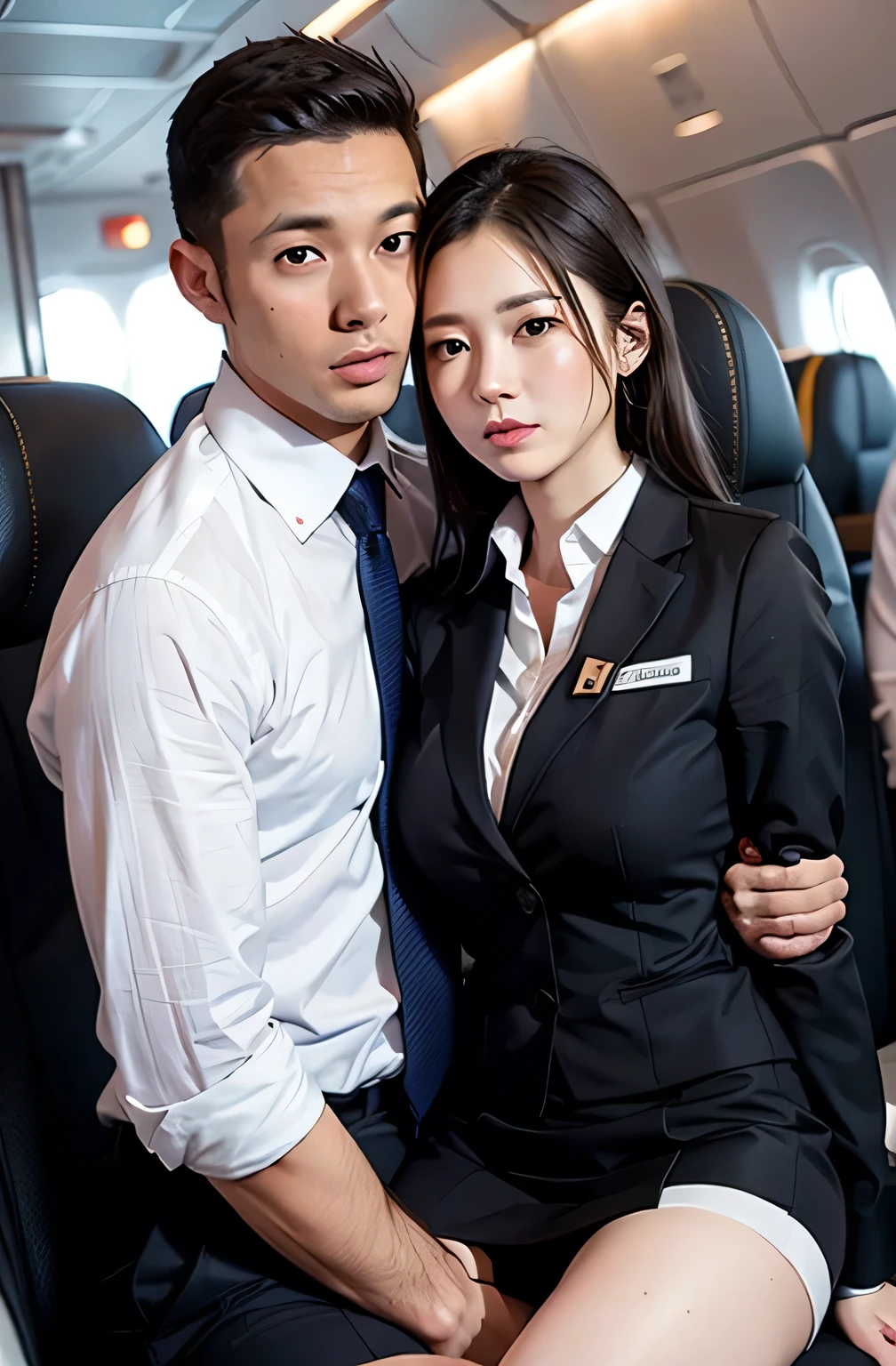 A female flight attendant holds a man&#39;s crotch and looks at his face、Around 30 and long face、blush、Seduce、High definition、Depth of written boundary、Adult face、Long face、Half-open eyes、blank stare、Troubled expression