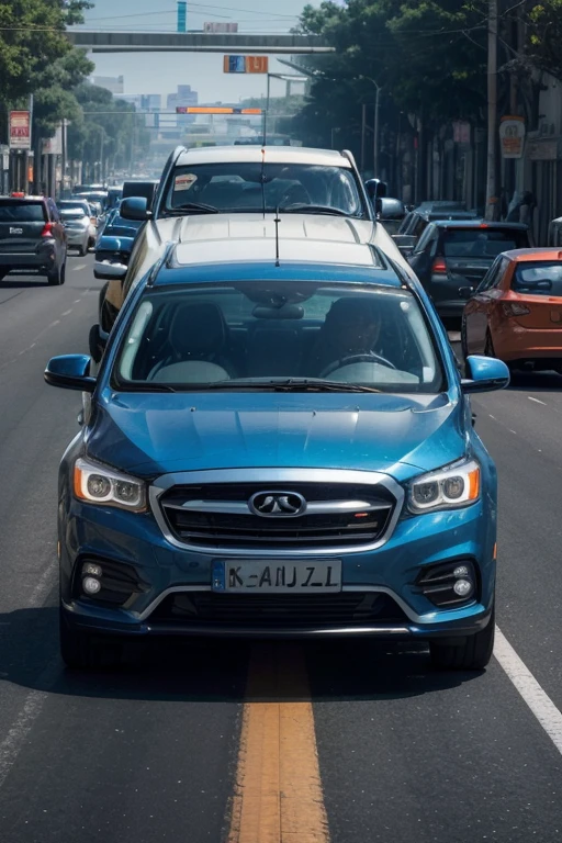 Create an image of a traffic inspection. There must be some cars in the image being inspected. Traffic personnel must be wearing a generic blue and orange uniform. The important thing is the action of the traffic agents who must have their backs turned, without their faces showing.