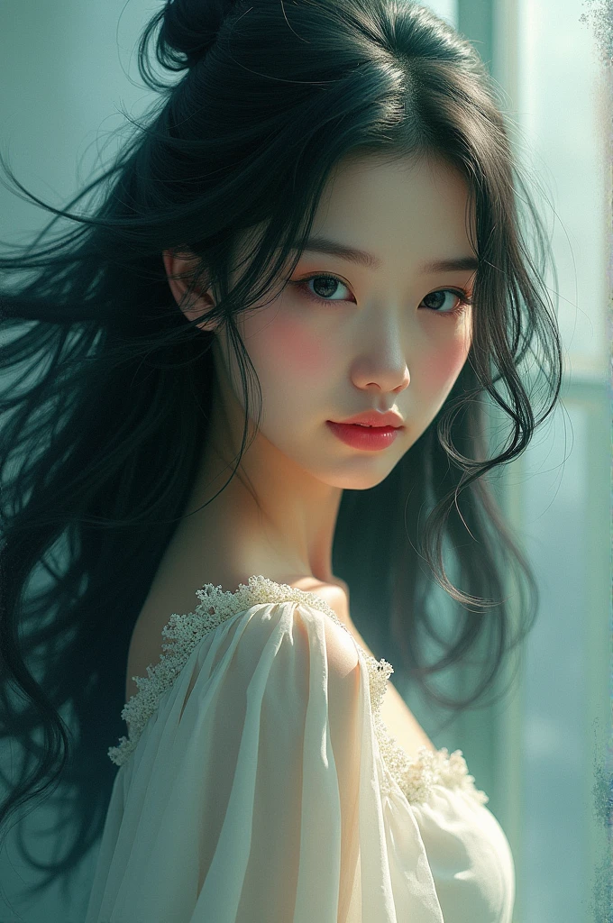 A beautiful Asian girl emerges like a living work of art.
Her long hair cascades down, blending seamlessly with the brushstrokes, creating a beauty that's both real and dreamlike. Her piercing gaze holds a story from a world where reality and fantasy intertwine, making it impossible to look away.
