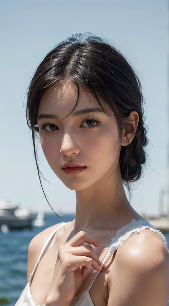 (masterpiece), realistic, (portrait of a girl), beautiful face, sunlight, cinematic light, bangs, a beautiful woman, beautiful eyes, black hair, perfect anatomy, very cute, princess eyes , (black eyes) , (frame the head), Centered image, stylized, bioluminescence, 8 life size,8k Resolution, white low-cut dress with small blue details, human hands, wonder full, elegant, approaching perfection, dynamic, highly detailed, character sheet, concept art, smooth, facing directly at the viewer positioned so that their body is symmetrical and balanced, stunningly beautiful teenage girl, detailed hairstyle,