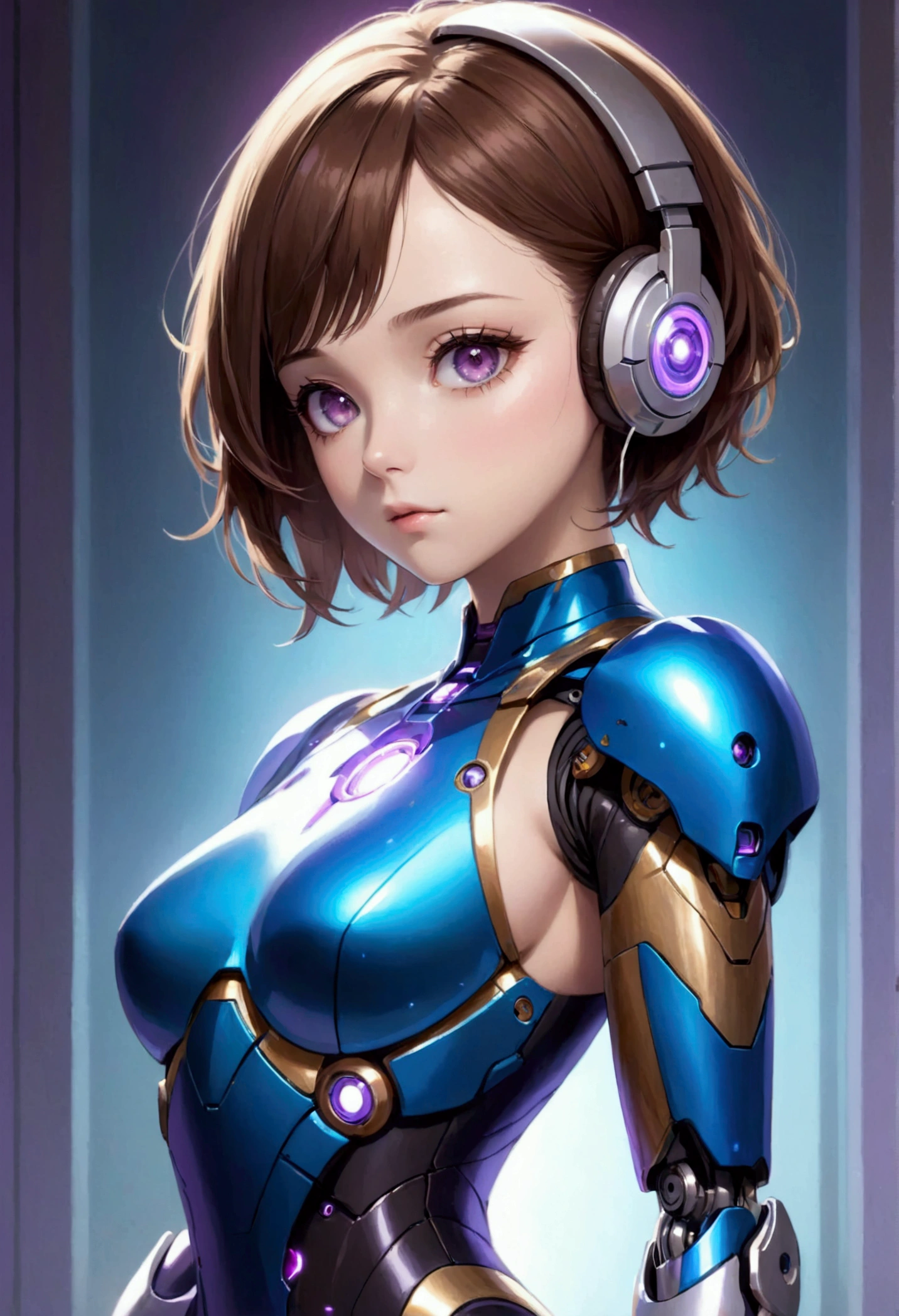 using earphone piercing gaze,hourglass body, wearing robot suit short brown hair light brown eyes ,with purple and blue theme