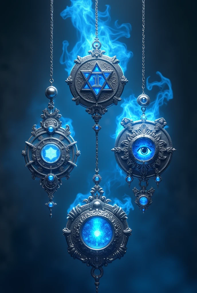 (Photorealism: ), 5 amulets, many separate talismans, Wicca, Star of David, Tetragrammaton, Turkish eye, powerful pendant style, very intense blue and silver color, mystical looking straight ahead, suspended.