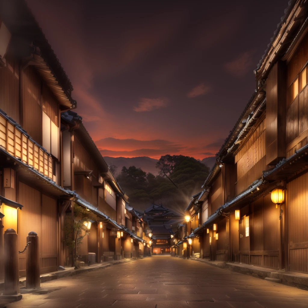 There is a street with streetlights and buildings on both sides。, Japanese Street, Ryokan and Edo period house, Kyoto japan setting, Or Japan, Kyoto, Japan Streets, in a Japanese Street at night, Japanese countryside, Japanese cities at night, Downtown Japan, A traditional Edo-era house in the background, Japanese cities, Japanese Village, The ancient street behind her, old Town