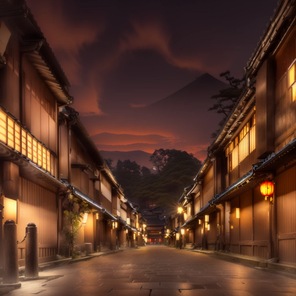 There is a street with streetlights and buildings on both sides。, Japanese Street, Ryokan and Edo period house, Kyoto japan setting, Or Japan, Kyoto, Japan Streets, in a Japanese Street at night, Japanese countryside, Japanese cities at night, Downtown Japan, A traditional Edo-era house in the background, Japanese cities, Japanese Village, The ancient street behind her, old Town