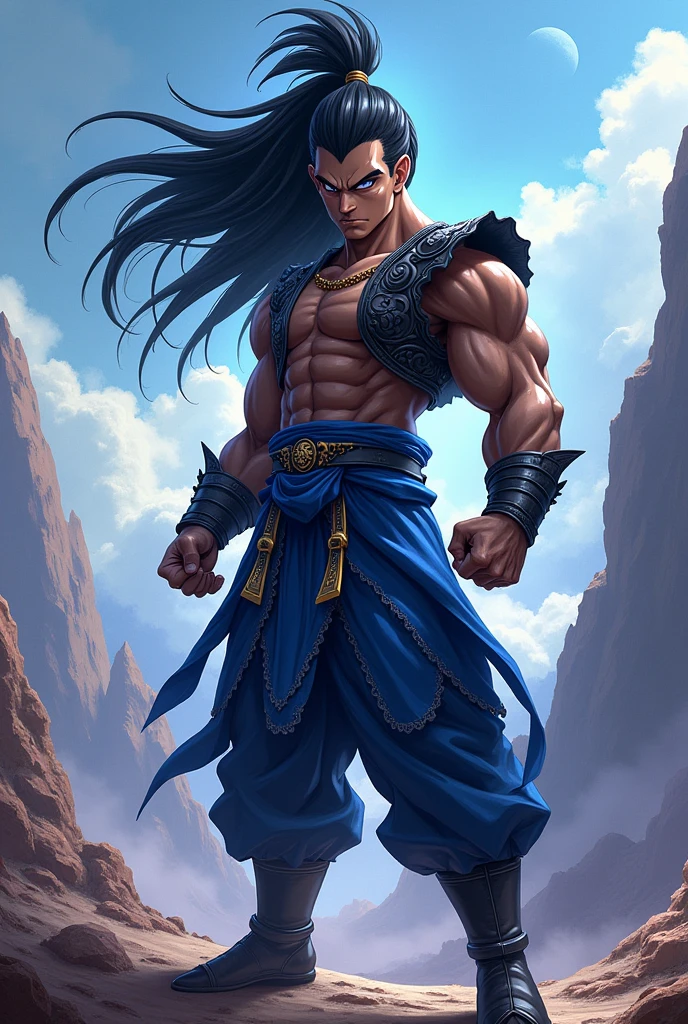Creates a Saiyan with Indian hair wearing a blue and black outfit