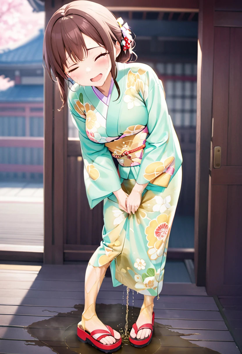 NSFW, (masterpiece, top quality, best quality, highly detailed:1.6), anatomically correct, (full body), wide shot, long shot, (Knee rubbing:3), (leaning forward, Hold the crotch area over the clothes:2), (standing:2), (((clutching crotch))), (woman standing in the shrine, outdoor), (Pastel Colors kimono, Maxi Length, Extremely wet with pee:2.5)),strong facial expression, (sharp eye:1.2), (scowl:1.1), (embarrassed,blush:1.3), (steam:2.5), (Wet:1.1), (sweat:1.1), (trembling:1.3), (open mouth, wavy mouth:1.7), (clenched teeth:0.3), (Drooling from the mouth:0.7), (half open eyes:2.5), (Close one eye, Winking:3), (tears:3), (feeling weak:1.5), (bravery crying, sobbing:1.5), (shoot from front:1.2), (Red sandals:2), (long hair, Dark Brown hair, low ponytail:1.5), (woman trembling with sexual climax:1.5), colorful, perfect composition, (Touching the crotch:1.7), urination, incontinence, piss, peeing self, A lot of pee, (((pee stream))), (pee puddle), Wetting herself, peeing, blush, trembling, embarrassed, large breasts, Yellow pee, ((leaking pee)), Shaking one's shoulders, Breaking a sweat on forehead, Pee spread on the floor, (Pee stains), Full bladder, ((Pee-soaked kimono)), natural makeup,Pee dripping from kimono,(Kimono with big urine stains),