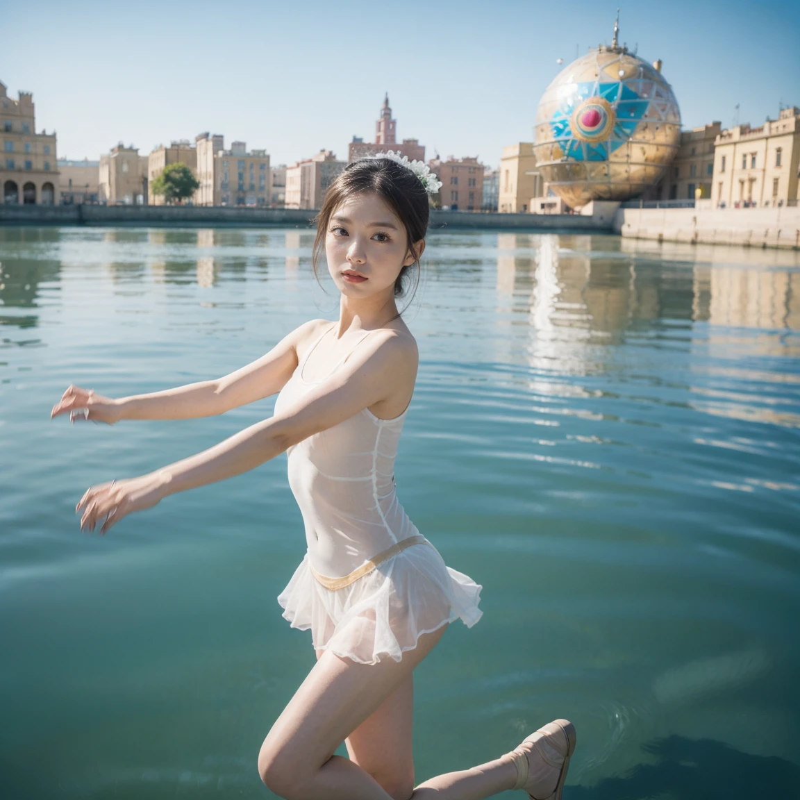 ((Top Quality)), ((Masterpiece)), ((Details)), upper body, (big eyes: 1.3), ((close-up: 1.2)), More Saturation, strong reflections, bright shade, Place the girl in the foreground at large, ((Surrealism: 1.5)), "Grace of the Wooden Ballet"
A young girl dances in a ballerina's pose by the lakeshore. Wooden furniture is scattered at her feet, and her graceful movements are mirrored on the water's surface. The tranquility of the lake and her dance are in perfect harmony.