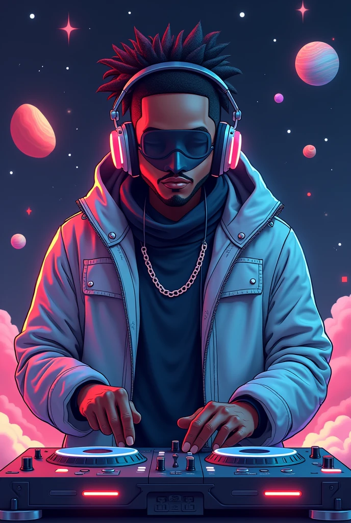 (photorealism:1.2), Create a modern, minimalistic, and cartoonish illustration of ‘Celestial Sbu,’ an amapiano DJ with a cosmic theme. The character should embody the essence of space exploration, with elements like stars, planets, and constellations subtly integrated into the design. Celestial Sbu should be depicted wearing futuristic DJ gear, such as headphones and a stylish jacket, with a sleek, modern look. The background should hint at the cosmos with abstract, dark, and starry elements, while maintaining a clean and minimalistic aesthetic. The overall vibe should be energetic, yet calming, capturing the fusion of amapiano music and a celestial journey. With a mask covering his face