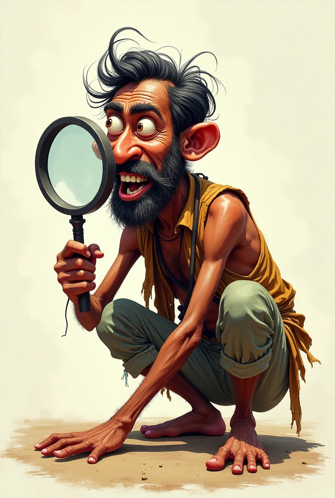 Hindu indigente with a magnifying glass looking for something in a very funny way sonriendo bien loco