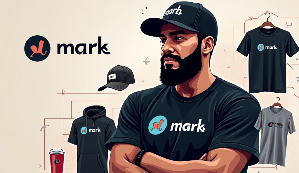  Create a social media cover photo for the marketer a beard and black basketball hat doing digital marketing with the logo "Mark Numhb " with Facebook icon,Twitter icon ,Instagram icon ,twitter icon and tiktok icon where the person completes the design and puts them Vectors, Vector T-shirts, Vector Cups, Vector Caps and Vector Hoodies Sell online 