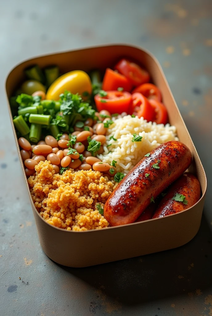 Lunchbox of : rice, feijao, farofa, vegetables and tuscan sausage