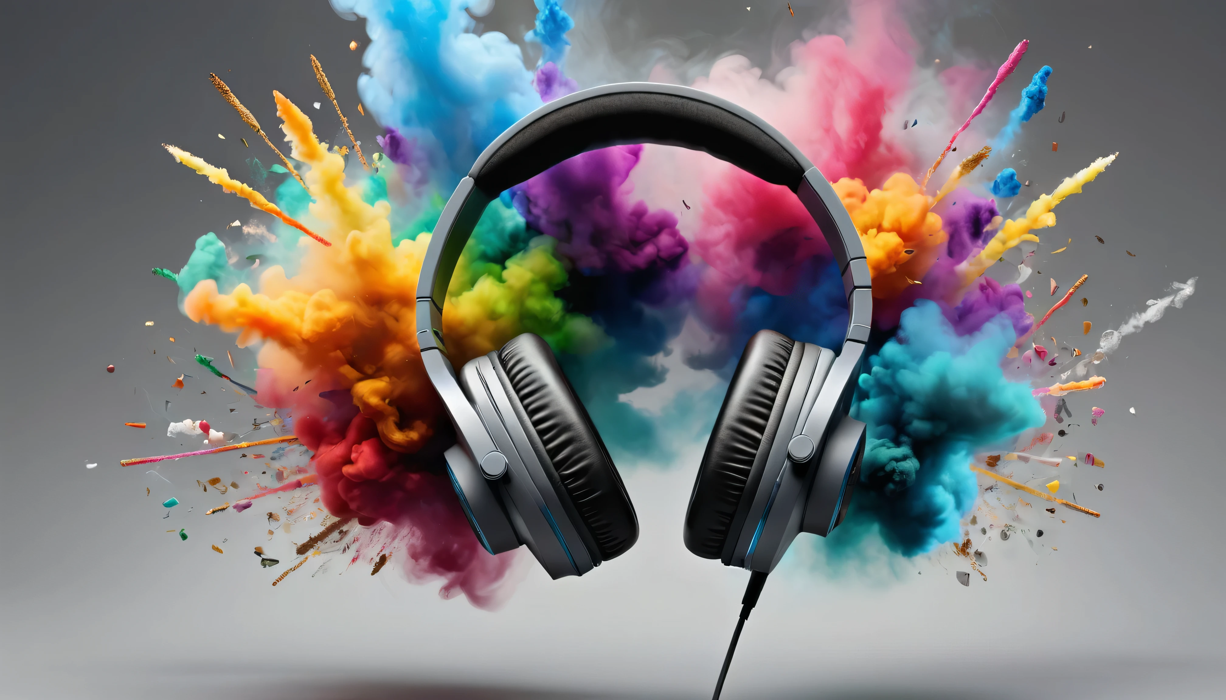 Headphones with colors in the middle as smoke, headphones in the middle, headphones front view, smoke in the center of the headphones, floating headphones, hyperrealistic headphones, modernist headphones, exquisite digital illustration, wearing a modern headset, beautiful digital artwork, beautiful artwork illustration, hyperrealistic illustration colored smoke, explosion of data fragments, realistic explosion, 3D digital art, burst, beep. hyperrealism, gray background, (ultra realistic) extreme details, (best quality, 4k, 8k, high resolution, masterpiece: 1.5)