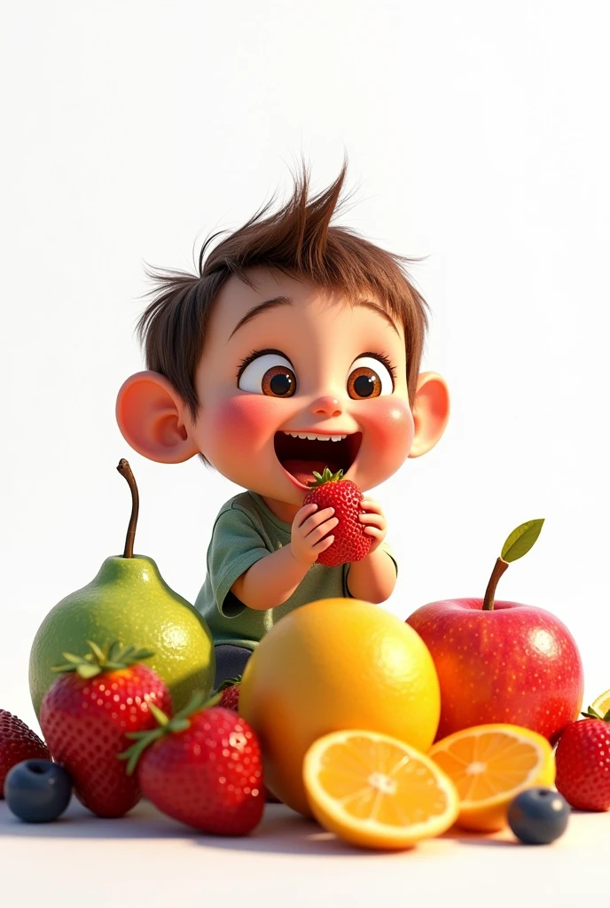 I want to create an image with a white background of someone eating fruit, Disney Pixar style.