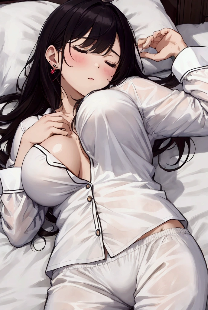 masterpiece, best quality, kinue, earrings, white pajamas, pajama pants, big breast, sleeping, bed, lying in bed, supine, chest slightly open, face puffed up, hot,