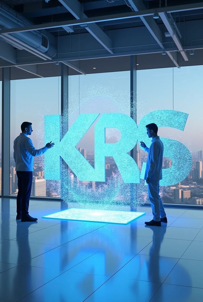 A huge glowing 3D logo of KRS Electricals kept on white floor and an Engineer touching logo and creating waves on logo's surface in the backside a big window showcasing skyscraper