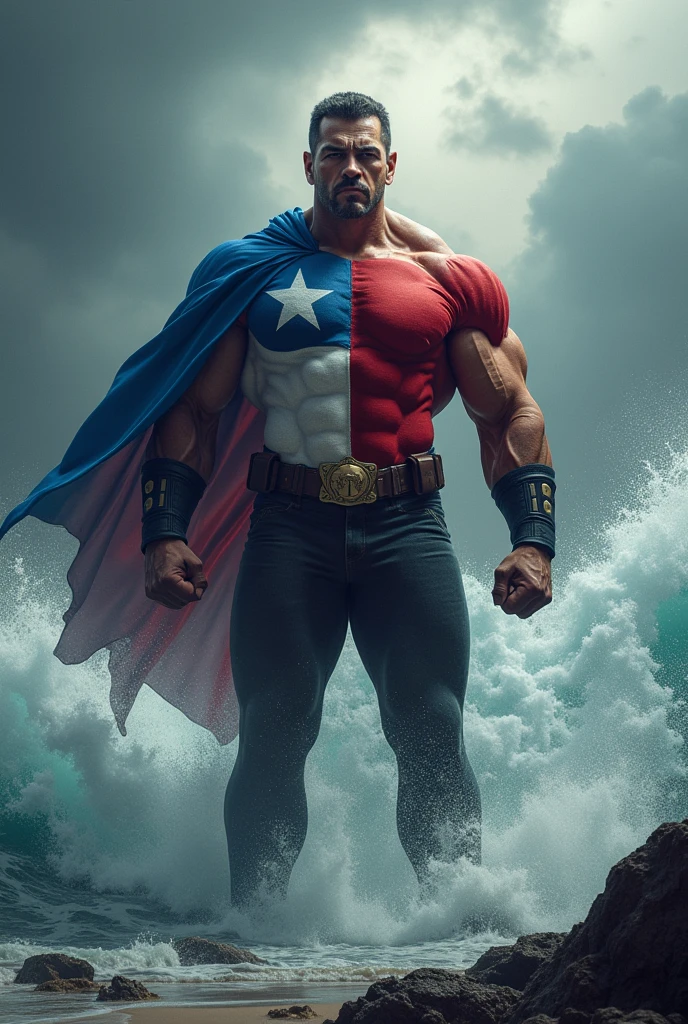 Make an image of a Chilean hero with his clothes in the colors of the flag and him with Pinochet's face (dictator) and he has powers of magnitude 8 earthquakes.7 e tsunamis
