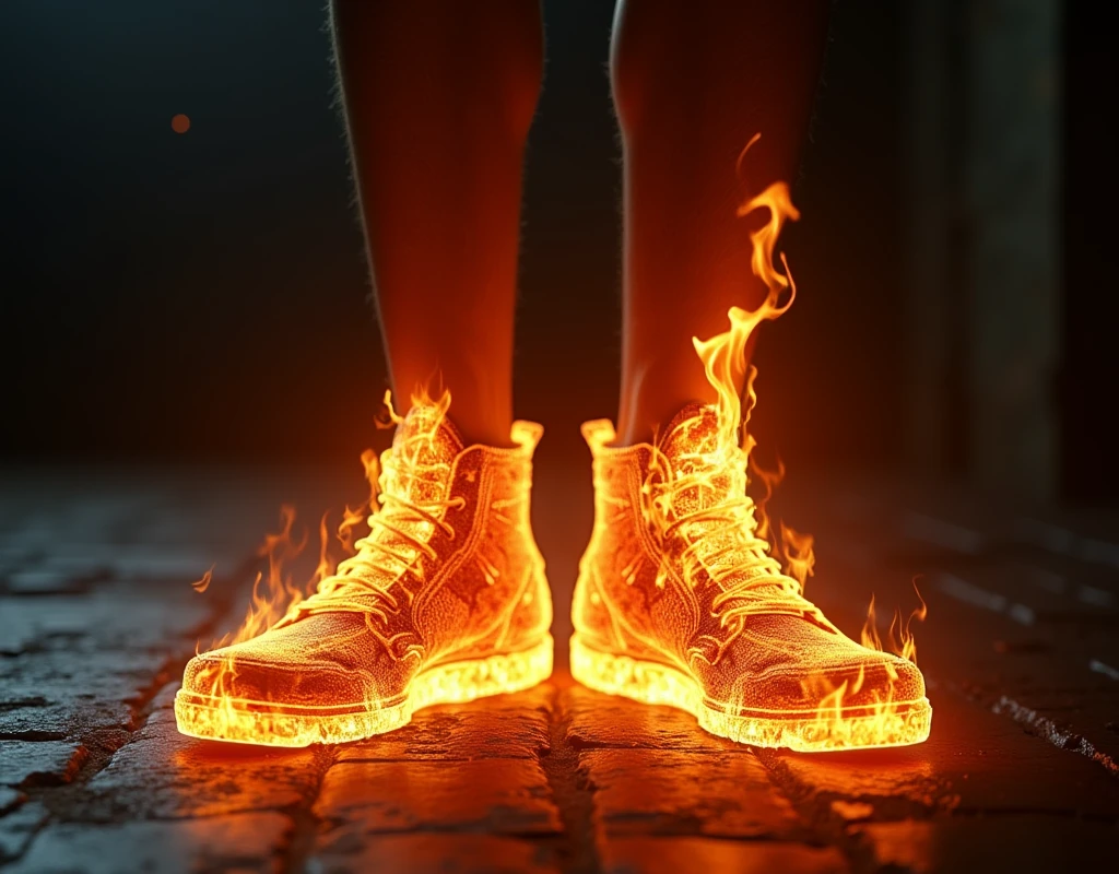 We need image of the shoes jo pura aag se bna ho aur usme se aag nikal rha ho dono foot ka ho aur vah shoes man ka ho
