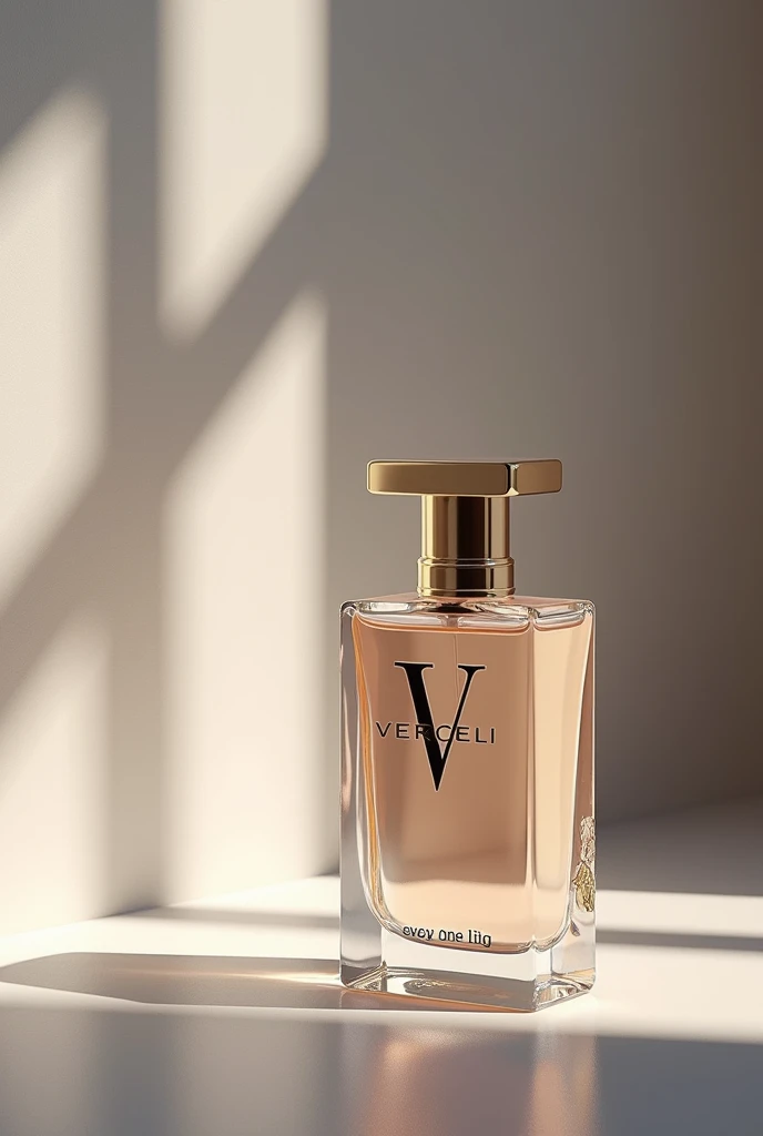 Perfume bottle with the name VERCCELI in a different bottle of light color and elegant logo 