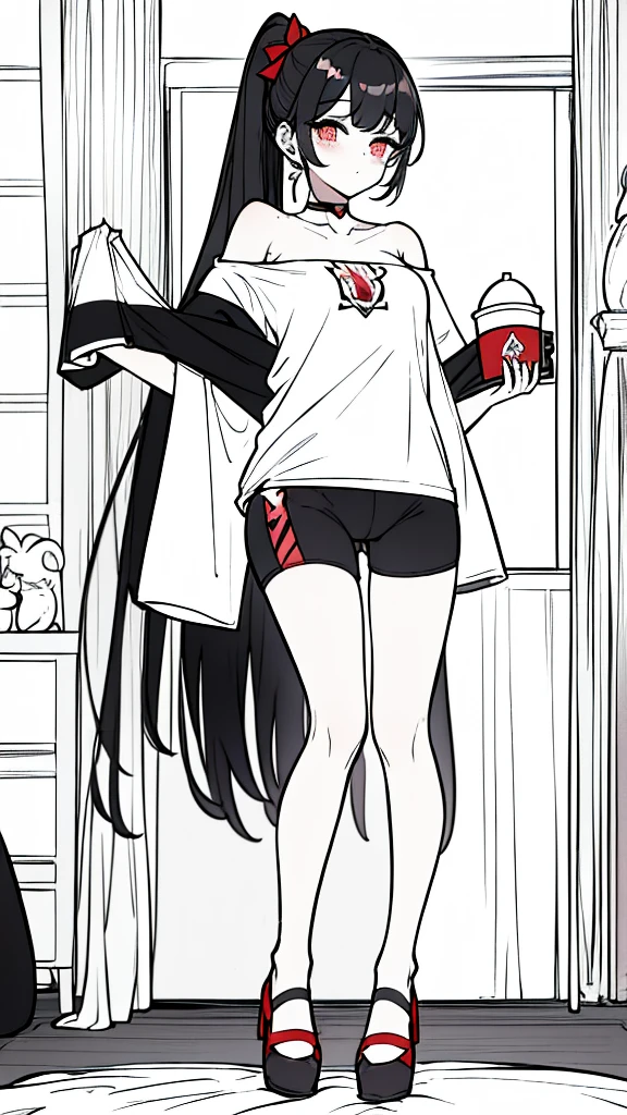 using pantimedies, wavy black hair, piercing look with deep red eyes, average stature, Waist length hair, Silky hair with a ponytail hairstyle collected with a red bow with two white lines, has a vagina, has breasts, cup of breasts, small breasts, slim, foreground, Session, sitting in her room, standing in his room, wearing pantyhose, using pantimedies, Picardias, neckline, looking at the viewer, lascivious smile, ((oversized t-shirt)), off the shoulders, without pants, washing machines, thighs, ((White T-shirt)), standing, hands on the hips,, shoes, blush, from below, thighs gorditos, thighs grandes, big ass