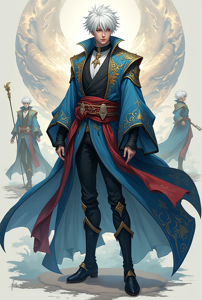 A man with fantasy clothes and with white hair full body  all sides and different poses anime 