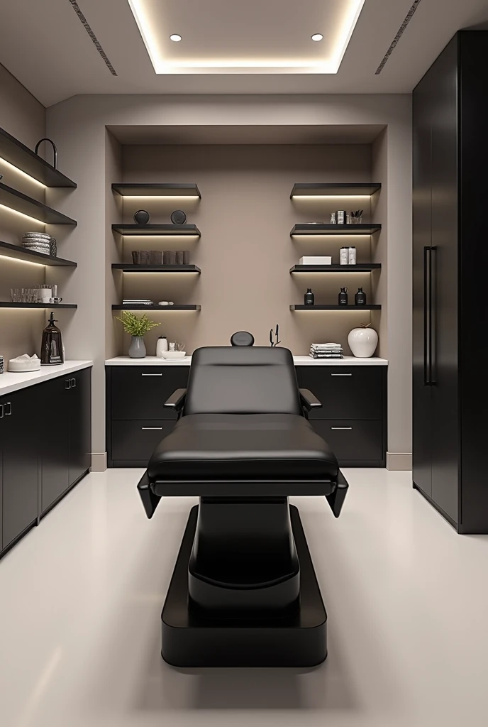 Design of a room for aesthetic procedures , with a black stretcher , aiguillettes , toxins, mitts , modern and elegant environment 