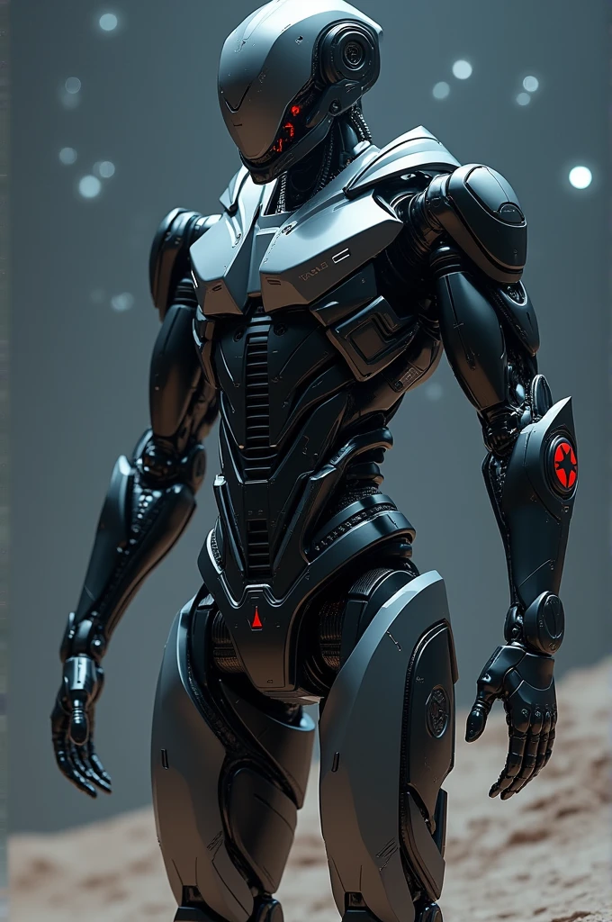 "Create an image of a humanoid robot with futuristic details, with a black silver metallic body that transforms into a sleek black ship with a thick red Maltese star on its side."
