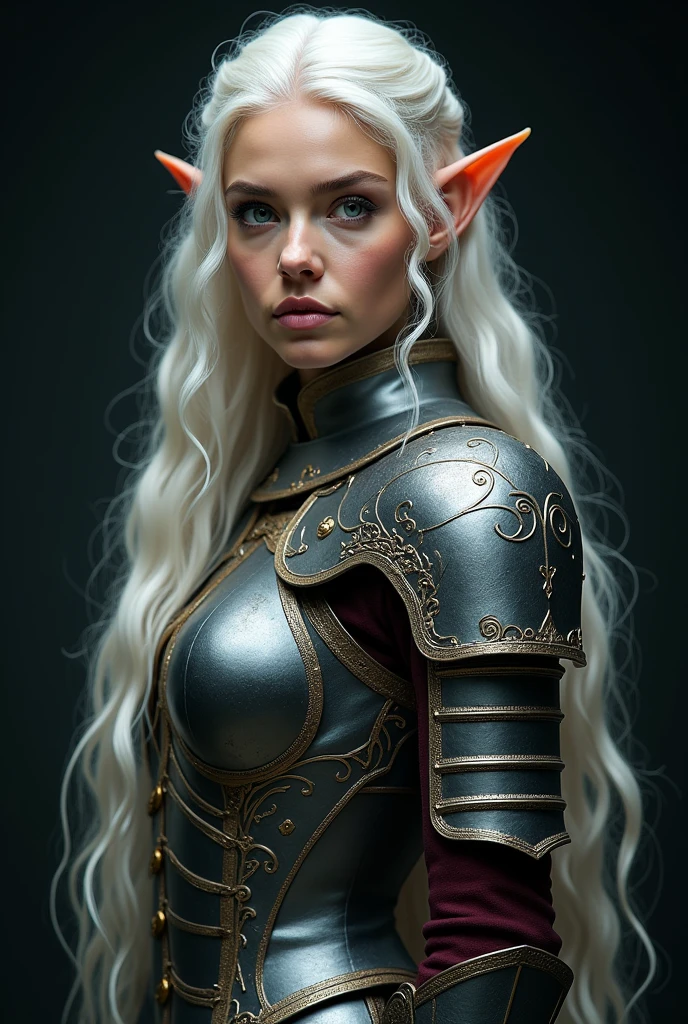 FULL BODY VIEW OF AN ELVE WOMAN ( TOLKIEN STYLE) , WARRIOR FEMALE, BUST IMAGE STYLE, STUDIO IMAGE STYLE, BLACK INFINITE BACKGROUND, DIFFUSED LIGHTS ON FACE, STRONG BACK LIGHTS, CLOSE FACE SHOT, PLATINUM LONG HAIR, HUGE STRAIGHT LONG HAIR, VERY VOLUMOUS HAIR, PLATINUM EYEBROWS, VERY PALE SKIN, LIGHTNING SKIN LIKE SNOW, HIGH CHEEKBONES, ROSY CHEEKS, GORGEOUS LIPS, SOFT LIPSTICK, EXPOSED TIP EARS, FREE COLLAR BODY REGION, VOLUMOUS BREASTS, STRAPLESS CLEAVAGE, STRONG BODY, ATHLETIC BODY, MUSCLES, DELTOIDS, BICEPS, MEDIEVAL ARMOUR, FULL BODY ARMOUR, , ENIGMATIC FACE EXPRESSION, SIDE BODY VIEW, FULL BODY PERSPECTIVE, FACE LOOKING AT CAMERA, MIDDLE ANGLE SHOT, 100 mm LENS, HIGH QUALITY IMAGE, MASTERPIECE, 8K