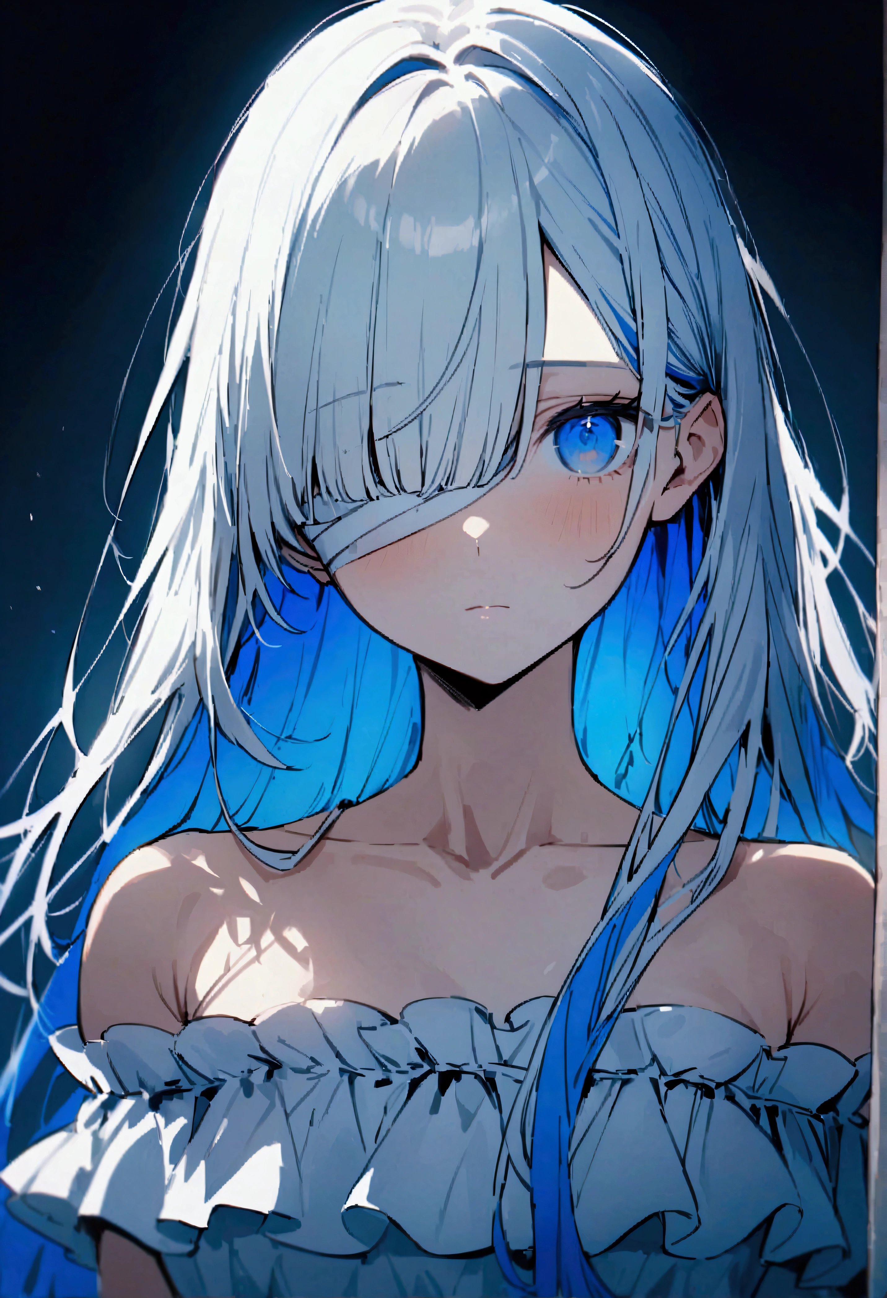 masterpiece、最high quality、high quality、 1 person、solo、bandage、bandageを巻いた腕、Long Hair、Glitch、blue eyes、See who's watching、dress、Colored inner hair、clavicle、Closed Mouth、White Hair、Blue theme、crackた肌、Frillsのdress、White background、ribbon、Frills、Upper Body、Tilt your head、白いdress、variegated hair、Raise your hand、Blue Hair、Expressionless、crack、Simple Background、covering one eye、Exposed shoulders、Straight Hair、青いribbon、straight、Hair behind the ear、ストラップレスのdress、