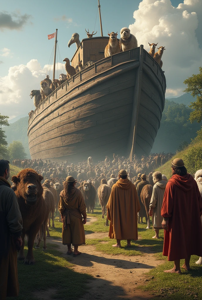 #realistic Animals entering the ark: Illustrate various animals, two of each kind, entering the ark in pairs, while Noah and his family help them.