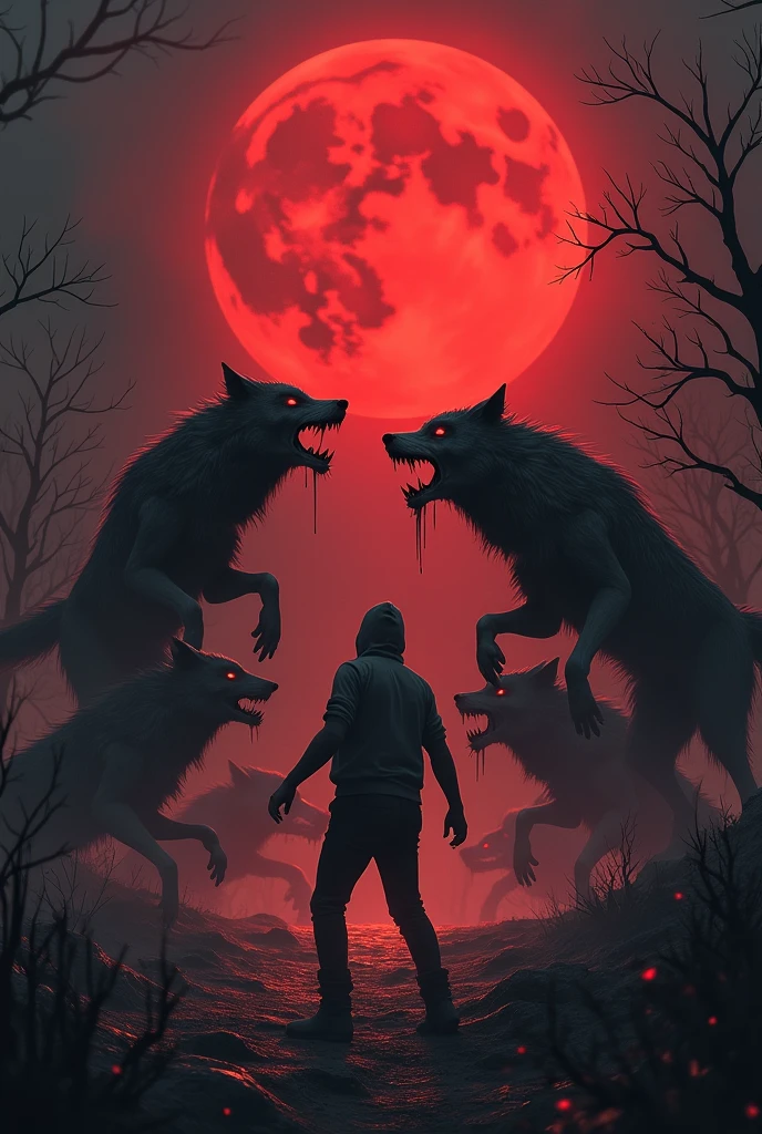  a blood-colored moon, zombie wolves jump and bite you , you fall to the ground 