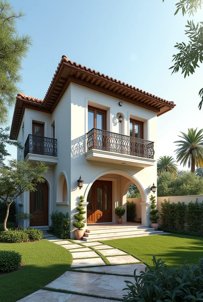 Draw a complete picture of a modern house design inspired in a very little bit of Spanish architecture using 2 point perspective in drafting