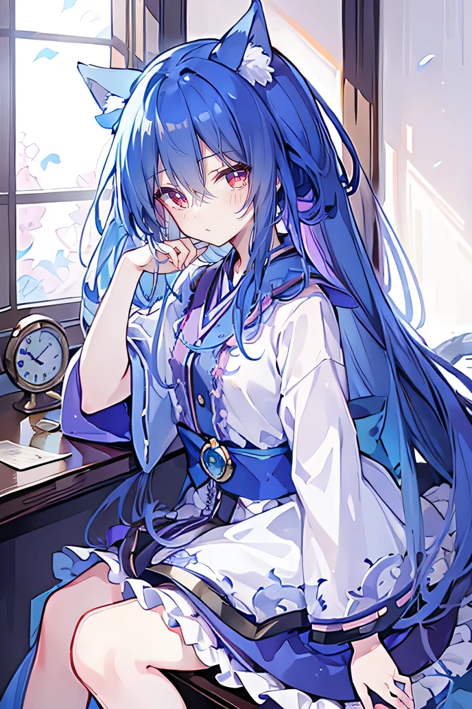 (Masterpiece:1.2),Ultra-detailed,lifelike,The eyes are expressive,Fair skin,Perfect face shape,1 girl,Japanese Manga,Gorgeous blue hair,Flowing blue hair,Flowing clothes,Cat ears,Petals falling,Shy face,sitting on window,Place your hand on your lips,