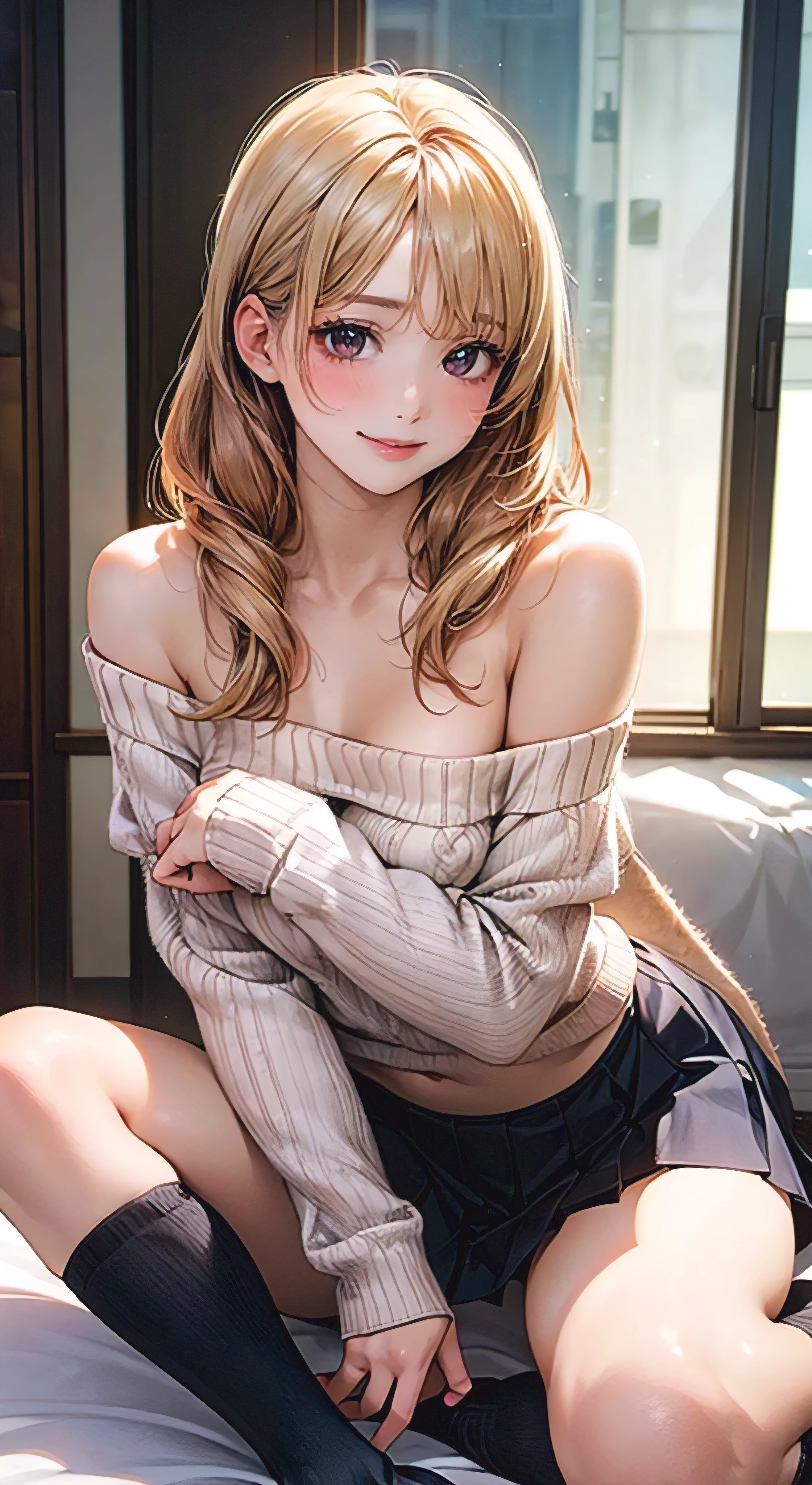 (masterpiece:1.2, Highest quality), (Realistic, photoRealistic:1.4), Beautiful illustrations, (Natural Side Lighting, Cinema Lighting),
View your viewers, whole body, 1 person, Japanese, high school girl, Perfect Face, Cute and symmetrical face, Glowing Skin, Baby Face,
(Mid-length hair, One-sided tail:1.2, Light blonde hair), Braided bangs, Asymmetrical bangs, Heart Eyes, (Middle chest, Captivating thighs, Big Ass), Beautiful Hair, Beautiful Face, Beautiful attention to detail, Beautiful clavicle, Beautiful body, Beautiful breasts, Beautiful thighs, Beautiful feet, Beautiful fingers,
((abdomen, Long sleeve, Merlot Turtleneck Sweater, bottomless, Knee socks)), Sheer white panties,
(Beautiful views), evening, Modern, Our room, Sitting bed, Spread your legs, (Cute smile, Upward glance),Erect nipples、Fatty face、Ahegao、Begging for insertion
