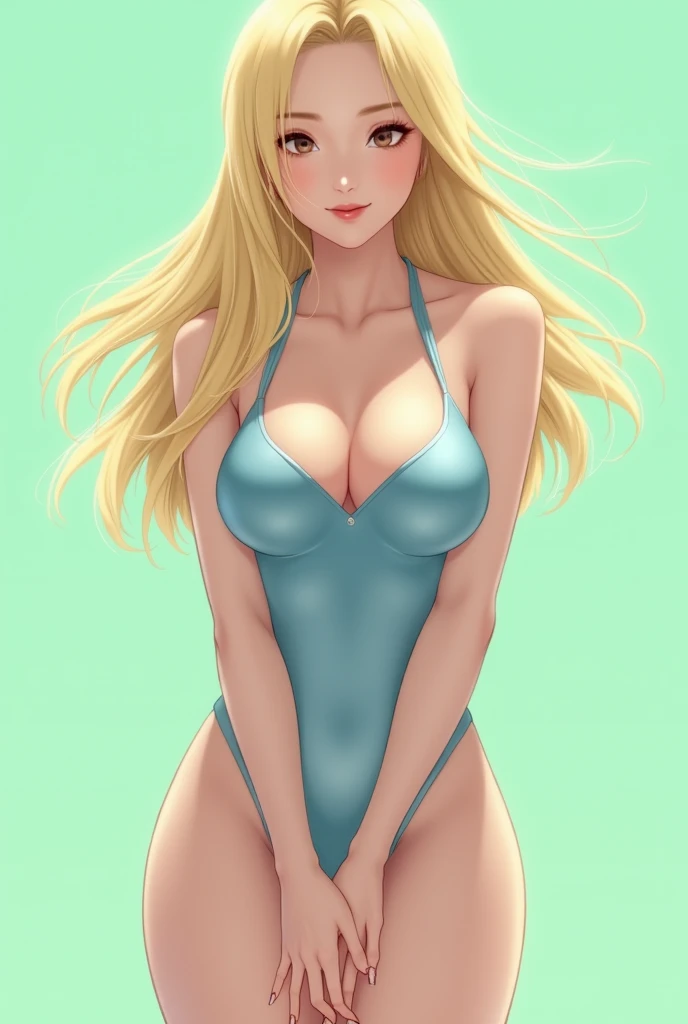 "High quality, 20-year-old Japanese woman with blonde straight hair, gently blowing in the wind. Slightly anime-style. Arms crossed in front of her chest, leaning forward to accentuate her bust,leaning forward to accentuate ample bust.Wearing only a thin, light blue latex leotard.Nipples accentuated. Vagina accentuated. Legs crossed. Alluring expression, looking directly at the camera. Full makeup. Viewed from approximately 4 meters away at a 30-degree angle from the upper left. Light green background with soft lighting from the front. Drawn from the thighs up to the head."
