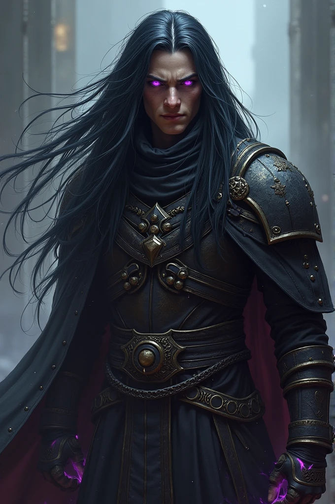 Personagem baseado em um Psyker do universo de Warhammer 40.000, long black hair with white streak, purples eyes