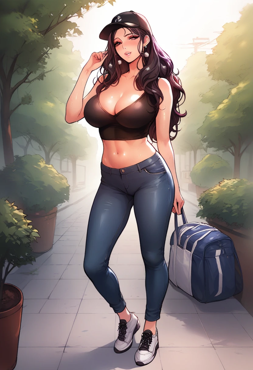 score_9, score_8_up, score_7_up, score_6_up, score_5_up, score_4_up, yu hee, brown eyes, black hair, long hair, large breasts, mature woman, 1girl, long_hair, blush, sweat, purple_eyes, lips, purple_hair, solo, 1girl, solo, pants, white_footwear, hat, midriff, shoes, standing, outdoors, looking_at_viewer, full_body, crop_top, jewelry, denim, earrings, jeans, tree, plant, white_pants, baseball_cap