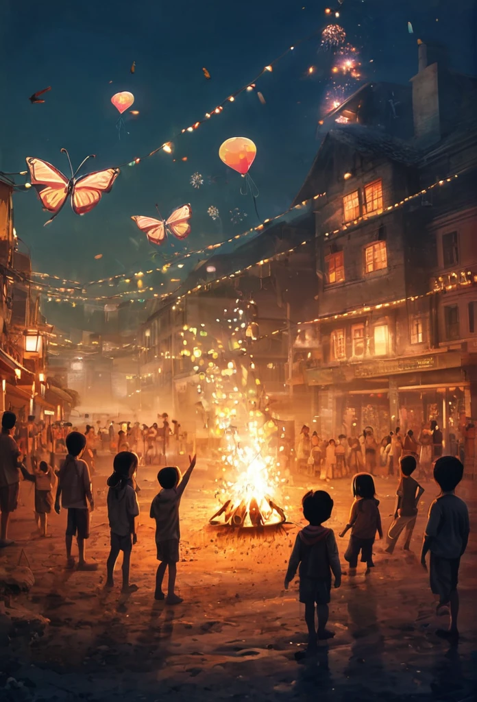 Children playing with balloon, butterfly and making camp fire, playing with fireworks in happy new year party 